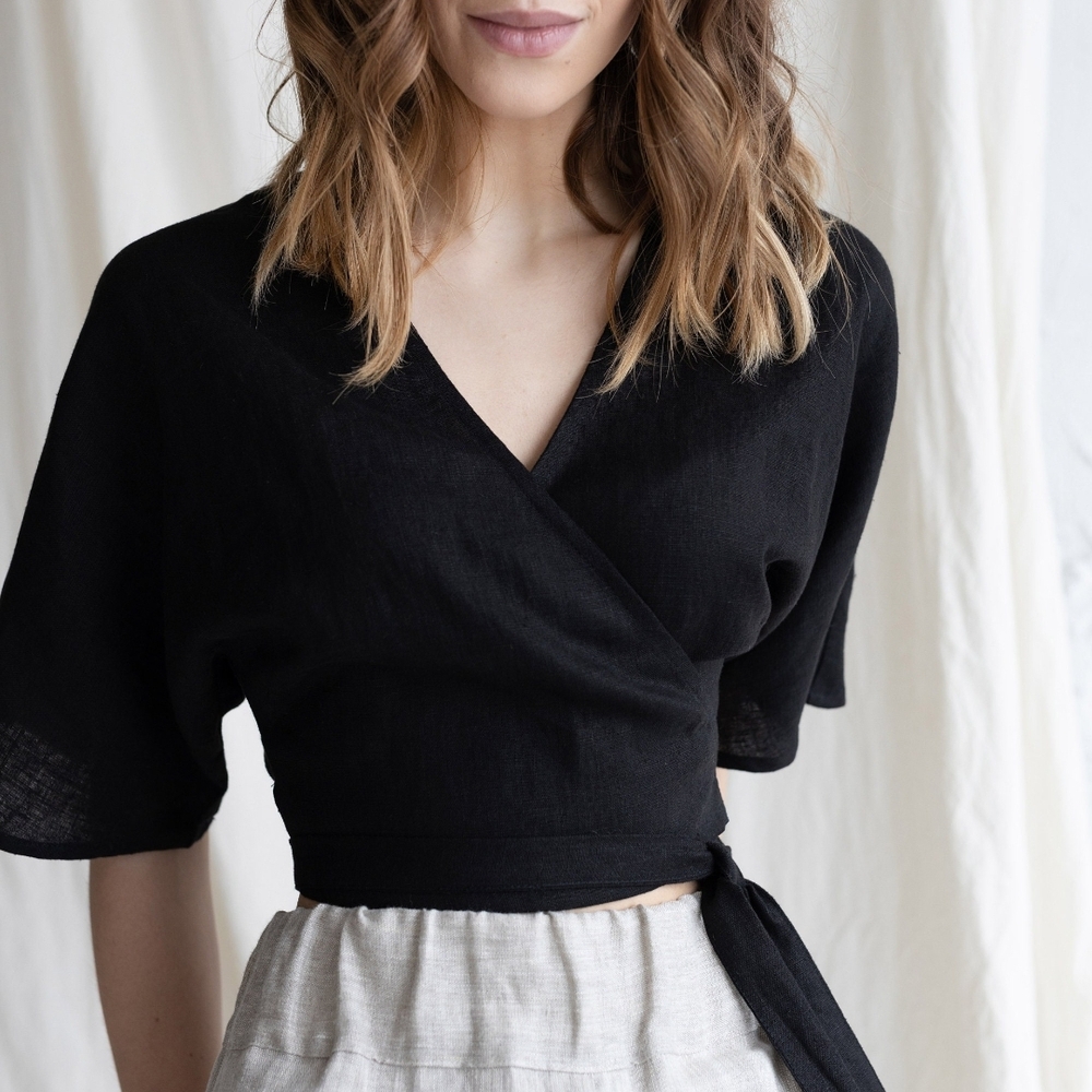 Linen Black Wrap Top